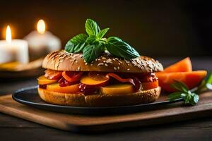 une sandwich avec tomates et basilic sur une plaque. généré par ai photo