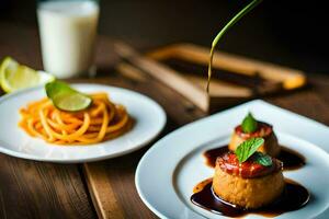 une assiette de nourriture avec spaghetti et une verre de lait. généré par ai photo