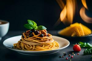 spaghetti avec tomate sauce et basilic feuilles sur une plaque. généré par ai photo