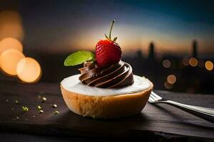 une dessert avec Chocolat et des fraises sur une en bois tableau. généré par ai photo