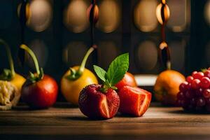 fruit sur une table avec une vert feuille. généré par ai photo