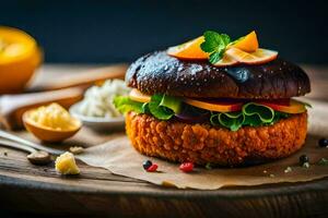 une Burger avec des légumes et fromage sur une en bois planche. généré par ai photo