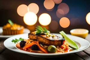 une assiette de nourriture avec Saumon et des légumes. généré par ai photo