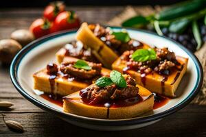 une assiette de nourriture avec Viande et sauce. généré par ai photo