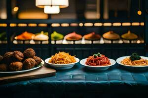 une table avec boules de nourriture et une bougie. généré par ai photo