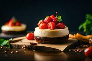 cheesecake avec des fraises sur Haut sur une en bois planche. généré par ai photo