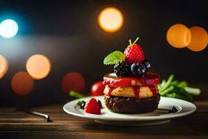 une dessert avec baies et crème sur une plaque. généré par ai photo