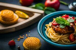 une bol de spaghetti avec Viande et des légumes. généré par ai photo