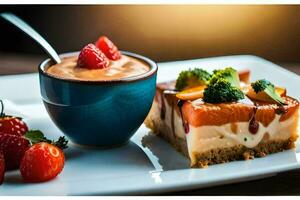 une assiette avec une pièce de cheesecake et des fraises. généré par ai photo