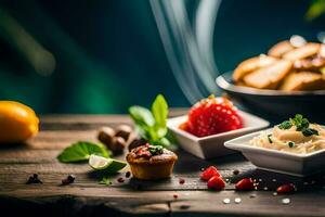 une table avec différent les types de nourriture et une bol de plonger. généré par ai photo