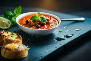 une bol de soupe avec pain et une tranche de pain. généré par ai photo