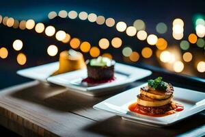 Trois assiettes de nourriture asseoir sur une table dans de face de une paysage urbain. généré par ai photo