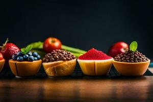 une rangée de fruit et des légumes dans boules. généré par ai photo