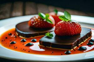 deux Chocolat desserts avec des fraises sur une blanc plaque. généré par ai photo