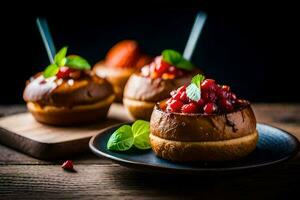 petit pain Rouleaux avec Grenade et menthe sur une en bois tableau. généré par ai photo