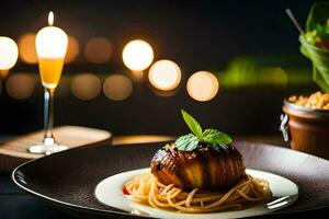 une assiette avec spaghetti et Viande sur il. généré par ai photo