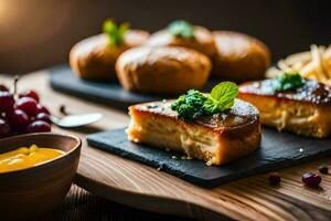 nourriture sur une en bois table avec une verre de du vin. généré par ai photo