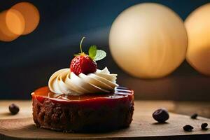 une petit dessert avec fouetté crème et des fraises. généré par ai photo