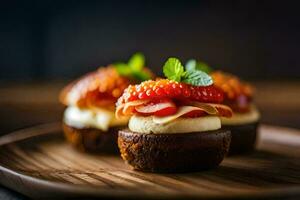 Trois mini desserts sur une en bois plaque. généré par ai photo