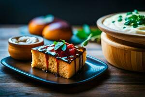 une pièce de gâteau avec sauce et une bol de en purée patates. généré par ai photo