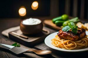 une assiette de spaghetti avec Viande et sauce sur une en bois tableau. généré par ai photo