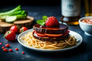 une assiette avec spaghetti et des fraises sur il. généré par ai photo