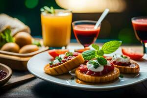 petit déjeuner avec œufs, tomates et fruit sur une plaque. généré par ai photo