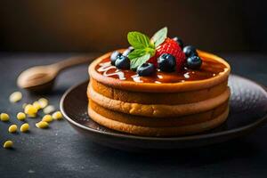 une empiler de Crêpes avec baies et des noisettes. généré par ai photo