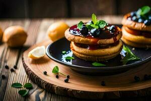 deux Crêpes avec myrtilles et menthe sur une en bois tableau. généré par ai photo