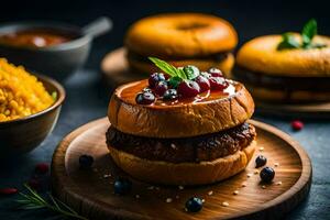 une Hamburger avec une chignon et sauce sur il. généré par ai photo