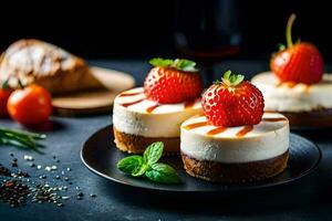 cheesecake avec des fraises sur une noir plaque. généré par ai photo