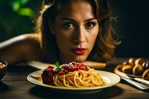 une femme est à la recherche à une assiette de spaghetti. généré par ai photo