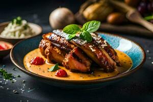 grillé porc côtelettes avec sauce et des légumes sur une plaque. généré par ai photo