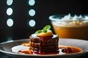 une dessert sur une assiette avec une boire. généré par ai photo