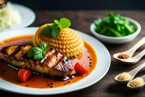 une assiette de nourriture avec Viande et des légumes. généré par ai photo