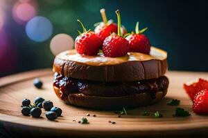 une Hamburger avec des fraises et myrtilles sur Haut. généré par ai photo