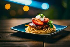 une assiette de spaghetti avec tomates et crème sur une en bois tableau. généré par ai photo