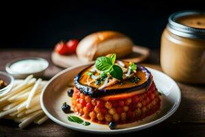 une assiette avec une légume plat et français frites. généré par ai photo