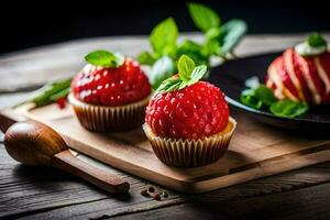 deux petits gâteaux avec des fraises sur une en bois planche. généré par ai photo