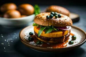 une Hamburger avec des légumes et des œufs sur une plaque. généré par ai photo