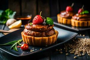 une assiette avec une Pâtisserie avec des fraises et tomates. généré par ai photo