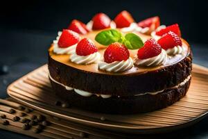 une gâteau avec des fraises et fouetté crème. généré par ai photo
