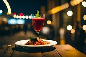 une assiette de nourriture avec une verre de rouge du vin sur une tableau. généré par ai photo