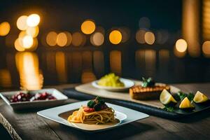 une table avec assiettes de nourriture et une vue de le l'eau. généré par ai photo