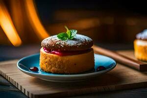 deux petit Gâteaux sur une assiette avec une cuillère. généré par ai photo