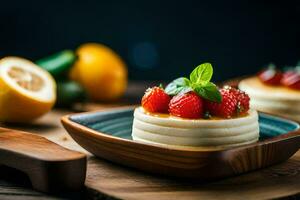 petit Gâteaux avec des fraises et citron sur une en bois plaque. généré par ai photo