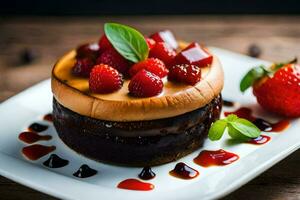 une Chocolat gâteau avec des fraises sur Haut. généré par ai photo