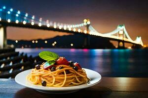 une assiette de spaghetti avec une vue de le pont. généré par ai photo