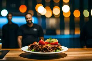 une assiette de spaghetti avec fruit et une homme derrière il. généré par ai photo