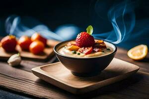 une bol de soupe avec une fraise et une tranche de citron. généré par ai photo